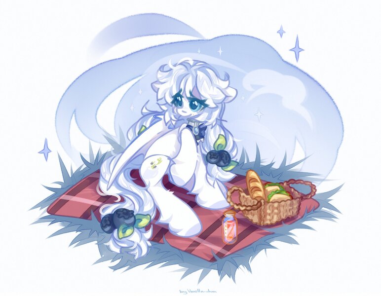 Size: 2048x1591 | Tagged: safe, artist:vanilla-chan, derpibooru import, oc, unofficial characters only, pegasus, pony, baguette, basket, blueberry, bread, choker, female, fetlock tuft, food, image, jar, jpeg, mare, picnic, picnic basket, picnic blanket, sandwich, sitting