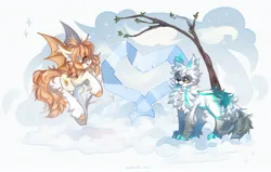 Size: 2048x1300 | Tagged: safe, artist:vanilla-chan, derpibooru import, oc, unofficial characters only, bat pony, pony, wolf, blushing, chest fluff, commission, duo, ear fluff, ear tufts, female, flying, heart, heterochromia, image, jpeg, male, male and female, oc x oc, shipping, snow, straight, unshorn fetlocks, winter