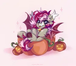 Size: 2048x1781 | Tagged: safe, artist:vanilla-chan, derpibooru import, oc, unofficial characters only, bat pony, pony, abstract background, bell, bell collar, collar, commission, fangs, female, fetlock tuft, halloween, holiday, image, jack-o-lantern, jpeg, mare, pumpkin, reclining, sitting, solo, tongue out, ych result