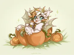 Size: 2048x1544 | Tagged: safe, artist:vanilla-chan, derpibooru import, oc, unofficial characters only, bat pony, pony, clothes, commission, ear tufts, fangs, green background, halloween, holiday, image, jack-o-lantern, jpeg, pumpkin, scarf, simple background, solo, tongue out, unshorn fetlocks, ych result