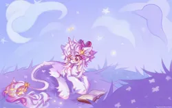 Size: 2048x1288 | Tagged: safe, artist:vanilla-chan, derpibooru import, oc, unofficial characters only, pony, unicorn, book, bowtie, butt fluff, chest fluff, ear piercing, earring, female, glasses, horn, image, jewelry, jpeg, lying down, mare, piercing, prone, solo, tail, tail jewelry, unshorn fetlocks