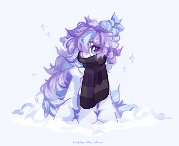 Size: 2048x1678 | Tagged: safe, artist:vanilla-chan, derpibooru import, oc, unofficial characters only, pony, clothes, female, fetlock tuft, image, jpeg, mare, scarf, snow, solo