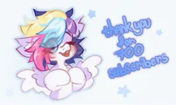 Size: 2048x1229 | Tagged: safe, artist:vanilla-chan, derpibooru import, oc, oc:starbright flow, unofficial characters only, pegasus, pony, abstract background, blushing, colored wings, eye clipping through hair, eyebrows, eyebrows visible through hair, female, hair over one eye, image, jpeg, mare, one eye closed, solo, wings