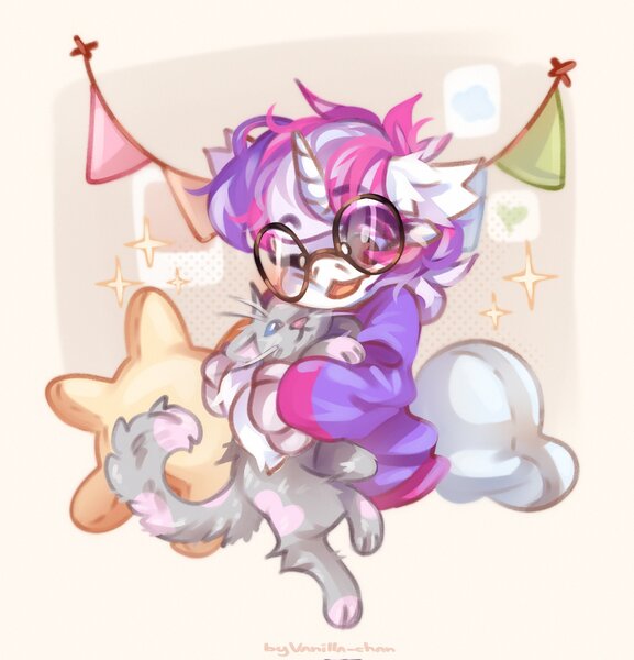 Size: 1968x2048 | Tagged: safe, artist:vanilla-chan, derpibooru import, oc, unofficial characters only, cat, pony, unicorn, clothes, glasses, horn, hug, image, jpeg, one eye closed, solo, sweater