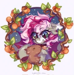 Size: 2007x2048 | Tagged: safe, artist:vanilla-chan, derpibooru import, oc, unofficial characters only, bat pony, pony, bell, bell collar, capybara, chest fluff, collar, ear fluff, ear tufts, eyebrows, eyebrows visible through hair, fangs, female, image, jpeg, mare, slit pupils, solo, tangerine