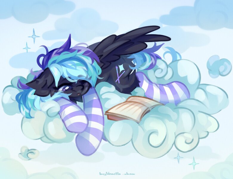 Size: 2048x1574 | Tagged: safe, artist:vanilla-chan, derpibooru import, oc, unofficial characters only, pegasus, pony, book, clothes, cloud, ear fluff, eyebrows, eyebrows visible through hair, female, image, jpeg, lying down, mare, on a cloud, one eye closed, prone, socks