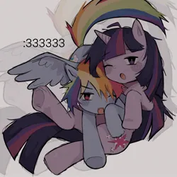 Size: 1440x1440 | Tagged: safe, artist:al3xiwy, derpibooru import, rainbow dash, twilight sparkle, pegasus, pony, unicorn, :3, duo, duo female, fangs, female, g4, gray background, horn, image, jpeg, lesbian, lying down, mare, one eye closed, one wing out, open mouth, shipping, simple background, twidash, unicorn twilight, wings