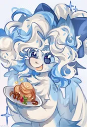 Size: 1486x2160 | Tagged: safe, artist:vanilla-chan, derpibooru import, oc, unofficial characters only, pegasus, pony, abstract background, bow, chest fluff, ear fluff, female, food, hair bow, image, jpeg, mare, pancakes, plate, solo