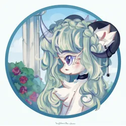 Size: 2048x2048 | Tagged: safe, artist:vanilla-chan, derpibooru import, oc, unofficial characters only, pony, unicorn, blushing, chest fluff, choker, curved horn, ear fluff, ear piercing, earring, female, flower, goat horns, horn, horns, image, jewelry, jpeg, mare, piercing, solo, transparent horn