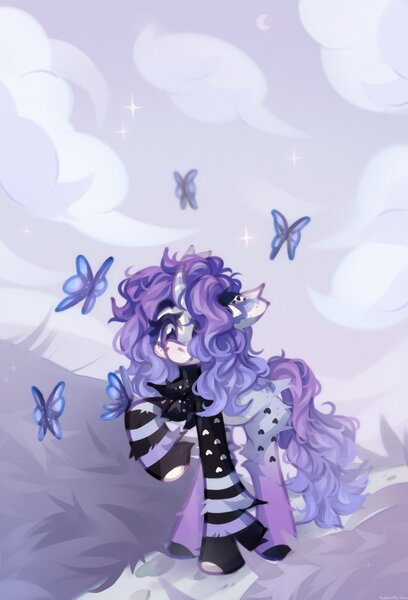 Size: 1393x2048 | Tagged: safe, artist:vanilla-chan, derpibooru import, oc, unofficial characters only, butterfly, insect, pony, unicorn, butt fluff, chest fluff, curved horn, ear fluff, female, fetlock tuft, horn, image, jpeg, mare, solo