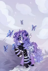 Size: 1393x2048 | Tagged: safe, artist:vanilla-chan, derpibooru import, oc, unofficial characters only, butterfly, insect, pony, unicorn, butt fluff, chest fluff, curved horn, ear fluff, female, fetlock tuft, horn, image, jpeg, mare, solo