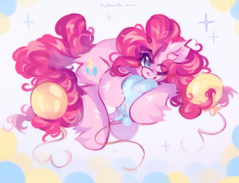 Size: 2048x1574 | Tagged: safe, artist:vanilla-chan, derpibooru import, pinkie pie, earth pony, pony, balloon, butt fluff, ear fluff, eyebrows, eyebrows visible through hair, female, fetlock tuft, g4, image, jpeg, mare, one eye closed, solo, wink