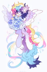 Size: 1428x2160 | Tagged: safe, artist:vanilla-chan, derpibooru import, oc, oc:starbright flow, unofficial characters only, pegasus, pony, abstract background, bell, bell collar, butt fluff, clothes, collar, colored wings, eyebrows, eyebrows visible through hair, female, flying, hoodie, image, jpeg, mare, solo, spread wings, wings