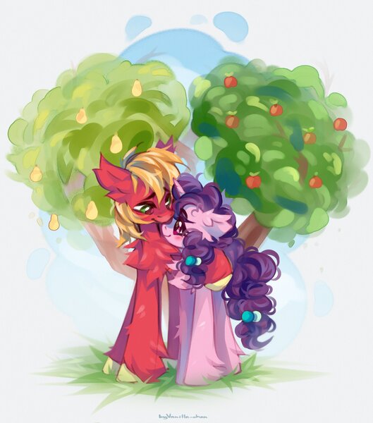 Size: 1804x2048 | Tagged: safe, artist:vanilla-chan, derpibooru import, big macintosh, sugar belle, earth pony, pony, unicorn, apple, apple tree, blushing, duo, duo male and female, ear fluff, female, food, g4, horn, image, intertwined trees, jpeg, male, mare, pear tree, shipping, stallion, straight, sugarmac, tree, unshorn fetlocks