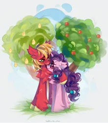 Size: 1804x2048 | Tagged: safe, artist:vanilla-chan, derpibooru import, big macintosh, sugar belle, earth pony, pony, unicorn, apple, apple tree, blushing, duo, duo male and female, ear fluff, female, food, g4, horn, image, intertwined trees, jpeg, male, mare, pear tree, shipping, stallion, straight, sugarmac, tree, unshorn fetlocks