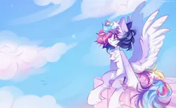 Size: 2048x1260 | Tagged: safe, artist:vanilla-chan, derpibooru import, oc, oc:starbright flow, unofficial characters only, pegasus, pony, chest fluff, cloud, colored wings, crying, ear fluff, female, fetlock tuft, image, jpeg, mare, sitting, sky, spread wings, wings