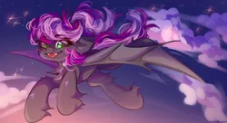 Size: 1280x698 | Tagged: safe, artist:vanilla-chan, derpibooru import, oc, unofficial characters only, bat pony, pony, chest fluff, commission, ear fluff, fangs, female, fetlock tuft, flying, image, jpeg, mare