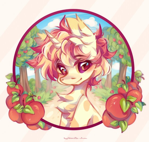 Size: 2101x2000 | Tagged: safe, artist:vanilla-chan, derpibooru import, oc, unofficial characters only, pony, unicorn, apple, apple tree, chest fluff, ear fluff, eyebrows, eyebrows visible through hair, food, horn, image, jpeg, solo, tree