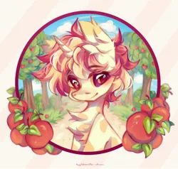 Size: 2101x2000 | Tagged: safe, artist:vanilla-chan, derpibooru import, oc, unofficial characters only, pony, unicorn, apple, apple tree, chest fluff, ear fluff, eyebrows, eyebrows visible through hair, food, horn, image, jpeg, solo, tree
