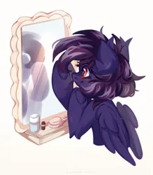Size: 1843x2100 | Tagged: safe, artist:vanilla-chan, derpibooru import, oc, unofficial characters only, pegasus, pony, blushing, brush, commission, hairbrush, image, jpeg, mirror, simple background, solo, white background