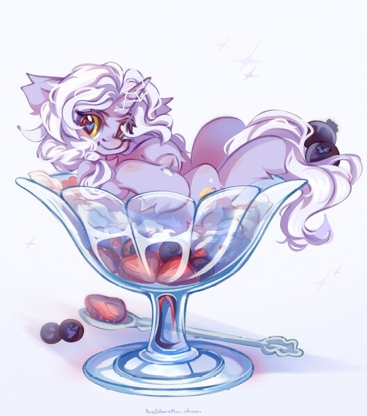 Size: 1807x2048 | Tagged: safe, artist:vanilla-chan, derpibooru import, oc, unofficial characters only, pony, unicorn, berry, blueberry, chest fluff, cocktail glass, cream, cup, cup of pony, ear fluff, female, fetlock tuft, food, horn, image, jpeg, mare, micro, simple background, solo, strawberry, white background