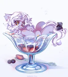 Size: 1807x2048 | Tagged: safe, artist:vanilla-chan, derpibooru import, oc, unofficial characters only, pony, unicorn, berry, blueberry, chest fluff, cocktail glass, cream, cup, cup of pony, ear fluff, female, fetlock tuft, food, horn, image, jpeg, mare, micro, simple background, solo, strawberry, white background