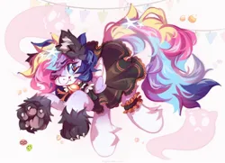 Size: 1280x928 | Tagged: safe, artist:vanilla-chan, derpibooru import, oc, oc:starbright flow, unofficial characters only, pegasus, pony, abstract background, animal costume, bell, bell collar, clothes, collar, costume, dress, ear fluff, fangs, female, fetlock tuft, halloween, halloween costume, holiday, image, jpeg, mare, paws, wolf costume