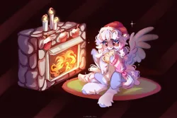 Size: 2048x1365 | Tagged: safe, artist:vanilla-chan, derpibooru import, oc, unofficial characters only, pegasus, pony, abstract background, belly button, blushing, candle, christmas, christmas stocking, drink, ear piercing, earring, female, fireplace, food, holiday, image, jewelry, jpeg, mare, marshmallow, mug, piercing, sitting, solo, unshorn fetlocks