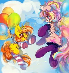 Size: 1934x2048 | Tagged: safe, artist:vanilla-chan, derpibooru import, oc, unofficial characters only, earth pony, pony, unicorn, balloon, butt fluff, chest fluff, clothes, commission, duo, ear fluff, ear piercing, earring, female, flying, horn, image, jewelry, jpeg, looking at each other, looking at someone, mare, piercing, socks