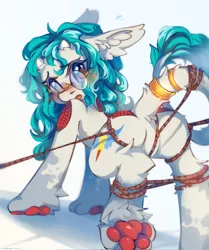 Size: 1711x2048 | Tagged: suggestive, artist:vanilla-chan, derpibooru import, oc, unofficial characters only, pony, blushing, bondage, butt, butt focus, ear fluff, featureless crotch, female, fetlock tuft, glasses, horns, image, jewelry, jpeg, leonine tail, looking at you, looking back, looking back at you, mare, paws, plot, ring, rope, rope bondage, simple background, solo, tail, tail ring, white background