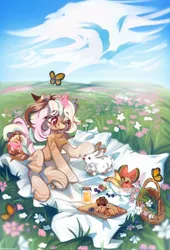 Size: 1390x2048 | Tagged: safe, artist:vanilla-chan, derpibooru import, oc, unofficial characters only, butterfly, insect, pony, rabbit, unicorn, animal, apple, banana, basket, blackberry, blueberry, bread, croissant, female, fetlock tuft, field, flower, food, horn, image, jar, jpeg, magic, mare, muffin, one eye closed, petting, picnic, picnic basket, picnic blanket, pillow, solo, strawberry, telekinesis, watermelon