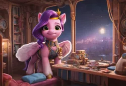 Size: 1216x832 | Tagged: safe, ai content, derpibooru import, machine learning generated, prompter:kluknawa235, stable diffusion, pegasus, g5, city, cityscape, clock, clothes, cup, image, indoors, jpeg, light, looking at you, pillow, standing, steampunk, table, teacup, window, wings