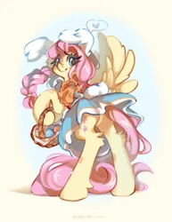 Size: 834x1080 | Tagged: safe, artist:vanilla-chan, derpibooru import, fluttershy, pegasus, pony, abstract background, basket, bipedal, blushing, braid, bunny ears, butt, clothes, dress, easter, easter basket, easter egg, featureless crotch, female, fetlock tuft, holiday, image, jpeg, looking at you, looking back, looking back at you, mare, plot, rear view, solo, spread wings, wings