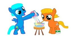 Size: 2592x1408 | Tagged: safe, artist:memeartboi, derpibooru import, ponified, earth pony, pegasus, pony, best bros, best friends, best friends forever, bff, brothers, cake, colt, cute, darwin watterson, duo, duo male, foal, food, gumball watterson, happy, image, male, mixing, png, siblings, simple background, smiling, standing on two hooves, syrup, the amazing world of gumball, white background