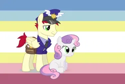 Size: 1920x1280 | Tagged: safe, derpibooru import, care package, special delivery, sweetie belle, flag, image, png, pride, pride flag, shipping, simple background, vector