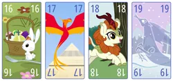 Size: 6400x3000 | Tagged: safe, artist:parclytaxel, derpibooru import, angel bunny, autumn blaze, philomena, oc, oc:spindle, kirin, phoenix, rabbit, windigo, series:parcly's pony pattern playing cards, .svg available, absurd resolution, animal, autumn, easter, easter egg, female, flying, fork, fork bomb, holiday, holy hand grenade of antioch, image, jumping, looking at you, male, monty python, monty python and the holy grail, name pun, open mouth, open smile, passepartout, playing card, png, pun, pyramid, rabbit of caerbannog, simple background, smiling, smiling at you, snow, somnambula (location), spring, summer, tarot card, vector, visual pun, white background, windigo oc, winter