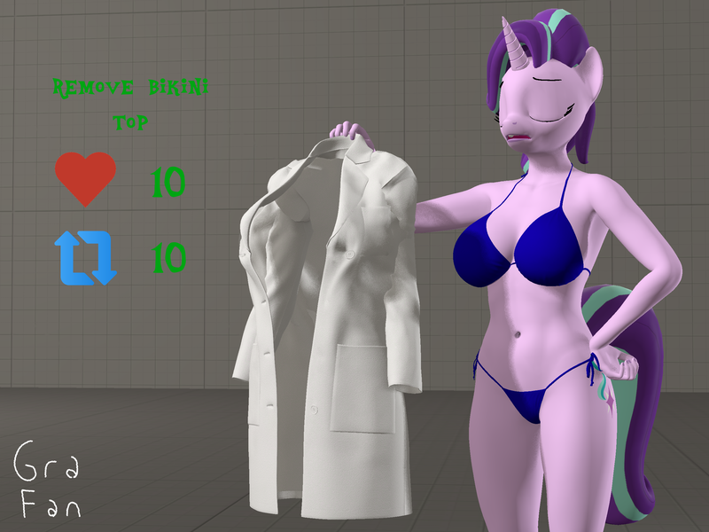 Size: 2560x1920 | Tagged: suggestive, artist:gradiusfanatic, derpibooru import, starlight glimmer, anthro, pony, unicorn, 3d, bikini, clothes, coat, female, horn, image, png, source filmmaker, strip game, swimsuit