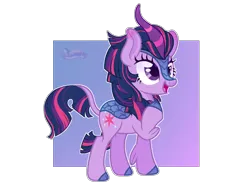 Size: 1514x1126 | Tagged: safe, artist:fnails, derpibooru import, twilight sparkle, kirin, pony, female, gradient background, image, kirin twilight, kirinified, mare, open mouth, png, raised hoof, simple background, solo, species swap, transparent background