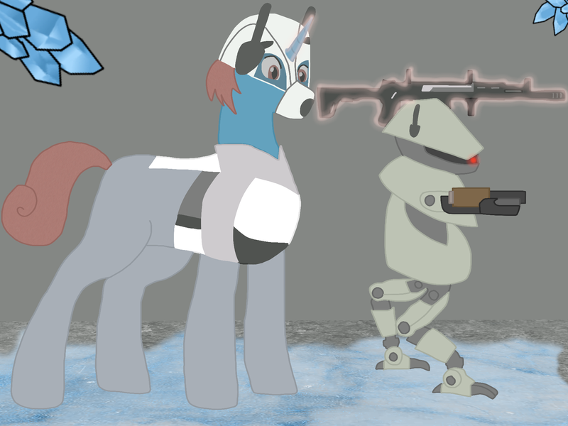 Size: 1800x1350 | Tagged: safe, artist:xada, derpibooru import, oc, pony, robot, unicorn, antenna, armor, armored pony, blue coat, brown eyes, brown mane, brown tail, cavern, crystal, curly tail, gray background, gun, helmet, horn, image, magic, mask, png, red light, rimworld, short mane, shotgun, simple background, tail, telekinesis, unicorn oc, weapon