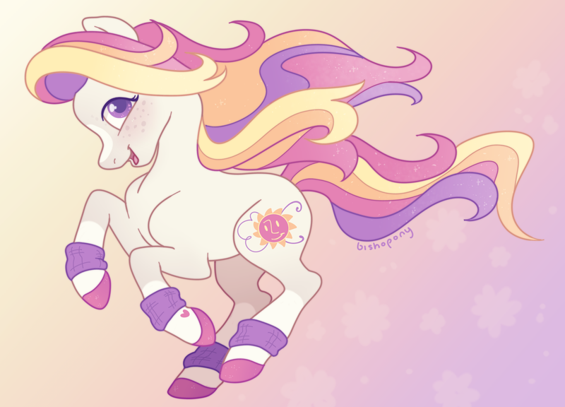Size: 2668x1922 | Tagged: safe, artist:bishopony, derpibooru import, sunny daze (g3), earth pony, pony, g3, female, gradient background, high res, image, mare, open mouth, open smile, png, running, smiling, solo, sweatband, wind, windswept mane