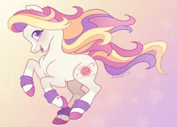 Size: 2668x1922 | Tagged: safe, artist:bishopony, derpibooru import, sunny daze (g3), earth pony, pony, g3, female, gradient background, high res, image, mare, open mouth, open smile, png, running, smiling, solo, sweatband, wind, windswept mane