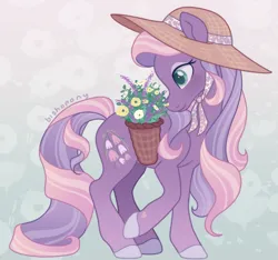 Size: 2177x2035 | Tagged: safe, artist:bishopony, derpibooru import, wysteria, earth pony, pony, g3, abstract background, basket, cute, female, flower, hat, high res, image, mare, png, signature, smiling, solo, sun hat