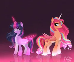 Size: 1440x1214 | Tagged: safe, artist:petaltwinkle, derpibooru import, sunny starscout, twilight sparkle, twilight sparkle (alicorn), alicorn, earth pony, pony, g5, my little pony: a new generation, alternate cutie mark, alternate design, alternate hairstyle, artificial alicorn, artificial horn, artificial wings, augmented, bangs, blushing, coat markings, colored, colored belly, colored hooves, colored horn, colored wings, colored wingtips, curly mane, curly tail, cutie mark swap, duo, duo female, ear blush, earth pony twilight, eyelashes, facial markings, female, folded wings, g4, gradient background, gradient legs, green eyes, height difference, horn, image, jpeg, lidded eyes, long horn, long mane, long tail, looking at each other, looking at someone, magic, magic horn, magic wings, mane stripe sunny, mare, multicolored mane, multicolored tail, older, older sunny starscout, orange coat, pale belly, pink mane, pink tail, profile, purple coat, purple eyes, race swap, reflection, ringlets, role reversal, shiny eyes, shiny hooves, shiny mane, shiny tail, signature, smiling, smiling at each other, snip (coat marking), socks (coat marking), standing, star (coat marking), sunny and her heroine, sunnycorn, tail, two toned wings, unicorn horn, unshorn fetlocks, wall of tags, wavy mane, wavy tail, wingding eyes, wings