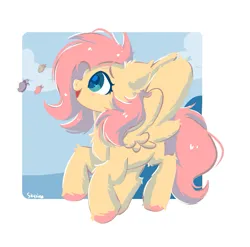 Size: 801x792 | Tagged: safe, artist:skylinepony_, derpibooru import, fluttershy, butterfly, insect, pegasus, pony, cloud, cute, female, fluffy, g4, image, open mouth, png, simple background, sky, sky background, solo, spread wings, white background, wide eyes, wings