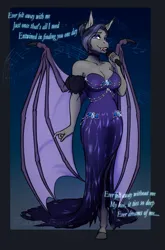 Size: 2191x3316 | Tagged: safe, artist:blackblood-queen, derpibooru import, ponerpics import, ponybooru import, oc, oc:salem sonata, unofficial characters only, anthro, bat pony, unguligrade anthro, anthro oc, bat pony oc, bat wings, breasts, busty oc, choker, cleavage, clothes, commission, dialogue, digital art, dress, eyeshadow, female, image, jewelry, lipstick, looking at you, makeup, microphone, png, singing, solo, wings