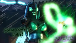 Size: 1280x720 | Tagged: suggestive, artist:scarthepuppet, derpibooru import, queen chrysalis, anthro, changeling, changeling queen, 3d, bikini, bikini top, breasts, changeling wings, clothes, combat, cool, crossover, evil, evil grin, fangs, female, grin, image, mortal kombat, pants, parody, png, quote, rain, reference, sexy, smiling, solo, solo female, source filmmaker, swimsuit, video game, video game crossover, wings, your soul is mine