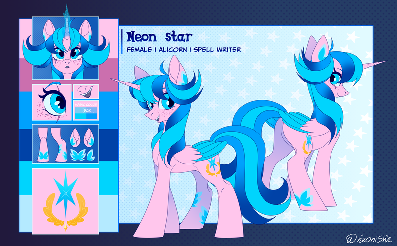 Size: 5500x3400 | Tagged: safe, artist:neonishe, derpibooru import, oc, oc:neon star, unofficial characters only, alicorn, pony, alicorn oc, cute, horn, image, png, reference, reference sheet, solo, wings