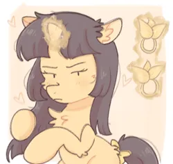 Size: 1452x1373 | Tagged: safe, artist:mikako, derpibooru import, oc, unofficial characters only, unicorn, asian, asian pony, bangs, black mane, blushing, bow, chest fluff, hair bow, hair tie, horn, image, magic, png, solo, tsundere, unicorn oc, yellow coat