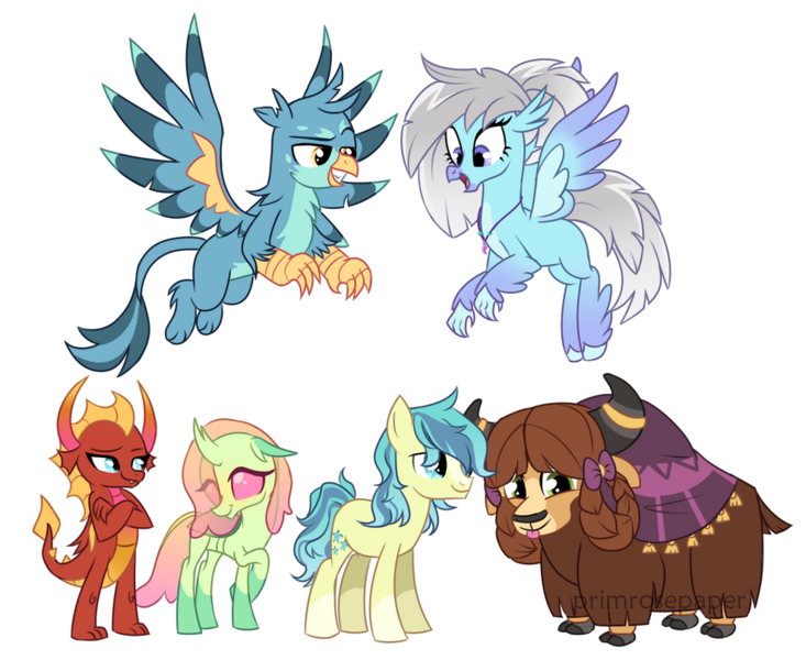 Size: 988x809 | Tagged: safe, artist:primrosepaper, derpibooru import, gallus, ocellus, sandbar, silverstream, smolder, yona, changedling, changeling, classical hippogriff, dragon, earth pony, gryphon, hippogriff, pony, yak, alternate color palette, alternate design, alternate hairstyle, blaze (coat marking), bow, coat markings, colored wings, facial markings, female, flying, g4, gradient wings, hair bow, image, jewelry, male, monkey swings, necklace, open mouth, open smile, png, simple background, smiling, socks (coat marking), student six, tongue out, transparent background, transparent mane, wings