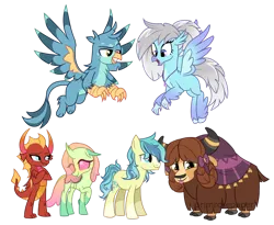 Size: 988x809 | Tagged: safe, artist:primrosepaper, derpibooru import, gallus, ocellus, sandbar, silverstream, smolder, yona, changedling, changeling, classical hippogriff, dragon, earth pony, gryphon, hippogriff, pony, yak, alternate color palette, alternate design, alternate hairstyle, blaze (coat marking), bow, coat markings, colored wings, facial markings, female, flying, g4, gradient wings, hair bow, image, jewelry, male, monkey swings, necklace, open mouth, open smile, png, simple background, smiling, socks (coat marking), student six, tongue out, transparent background, transparent mane, wings